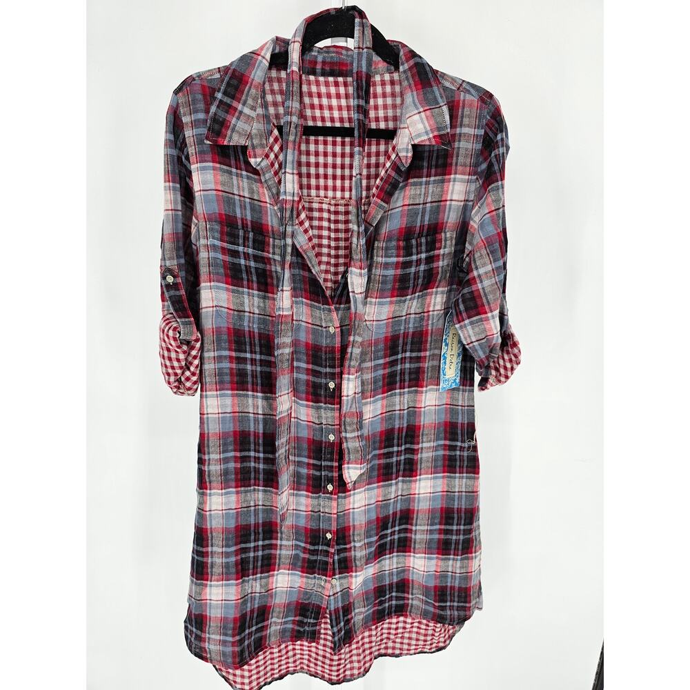Raison D'etere Womens Sz M Tunic Length Shirt Dress Plaid Button Up NEW
